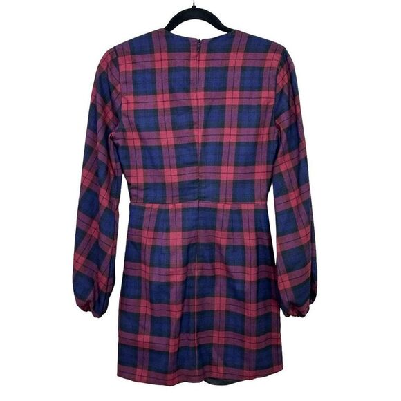 NWT Lovers + Friends Liliana Plaid Long Sleeve Mini Dress Burgundy Blue Size XS - Picture 3 of 7